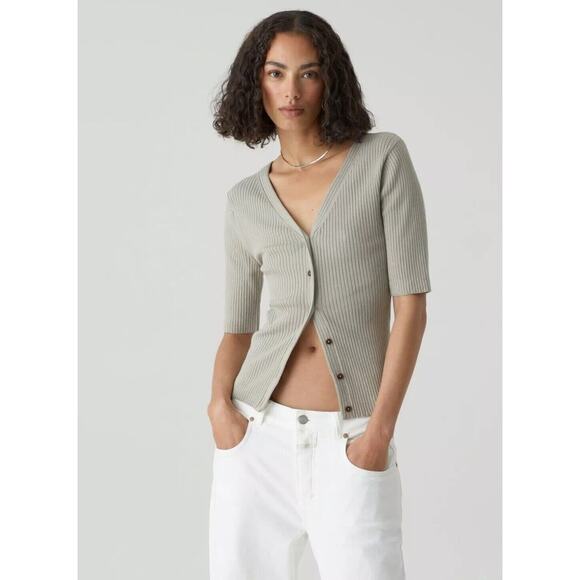 Closed Stone Gray Ribbed Knit V-Neck Front Button Short Sleeve Cardigan Top XXS - Picture 1 of 13